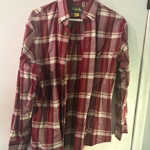 Cabela's Men's Burgundy and Cream Plaid Shirt
